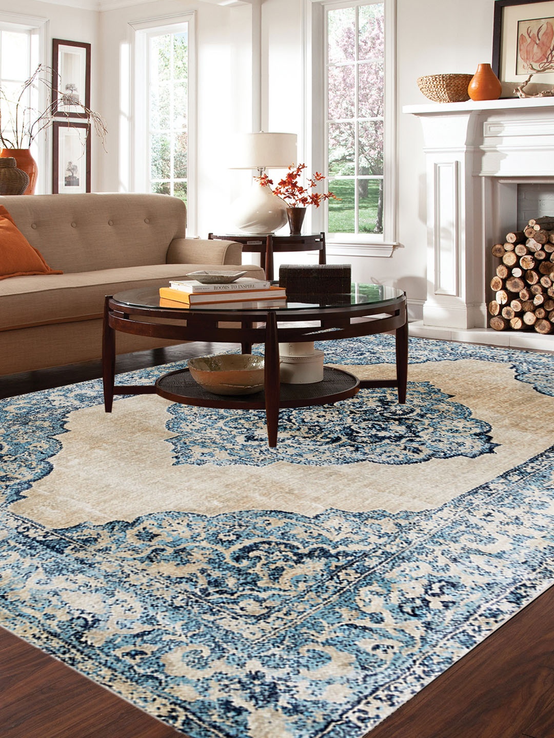 

DDecor Blue & Beige Ethnic Motifs Printed Anti-Skid Carpet