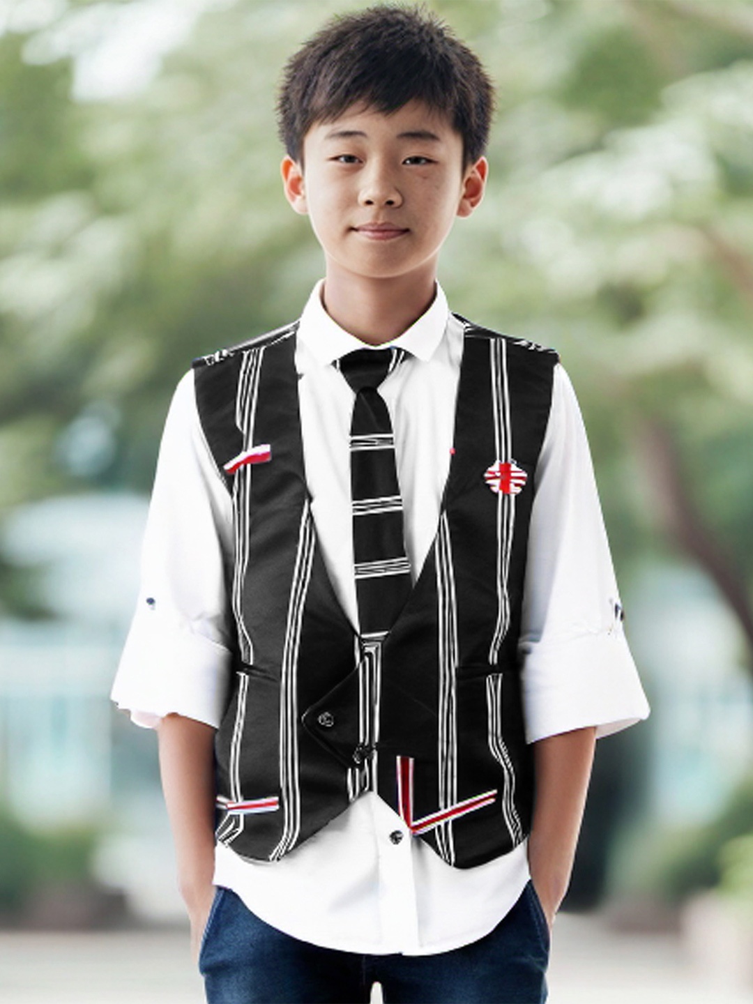 

MashUp Boys Cotton Shirt With Waistcoat & Tie, Black