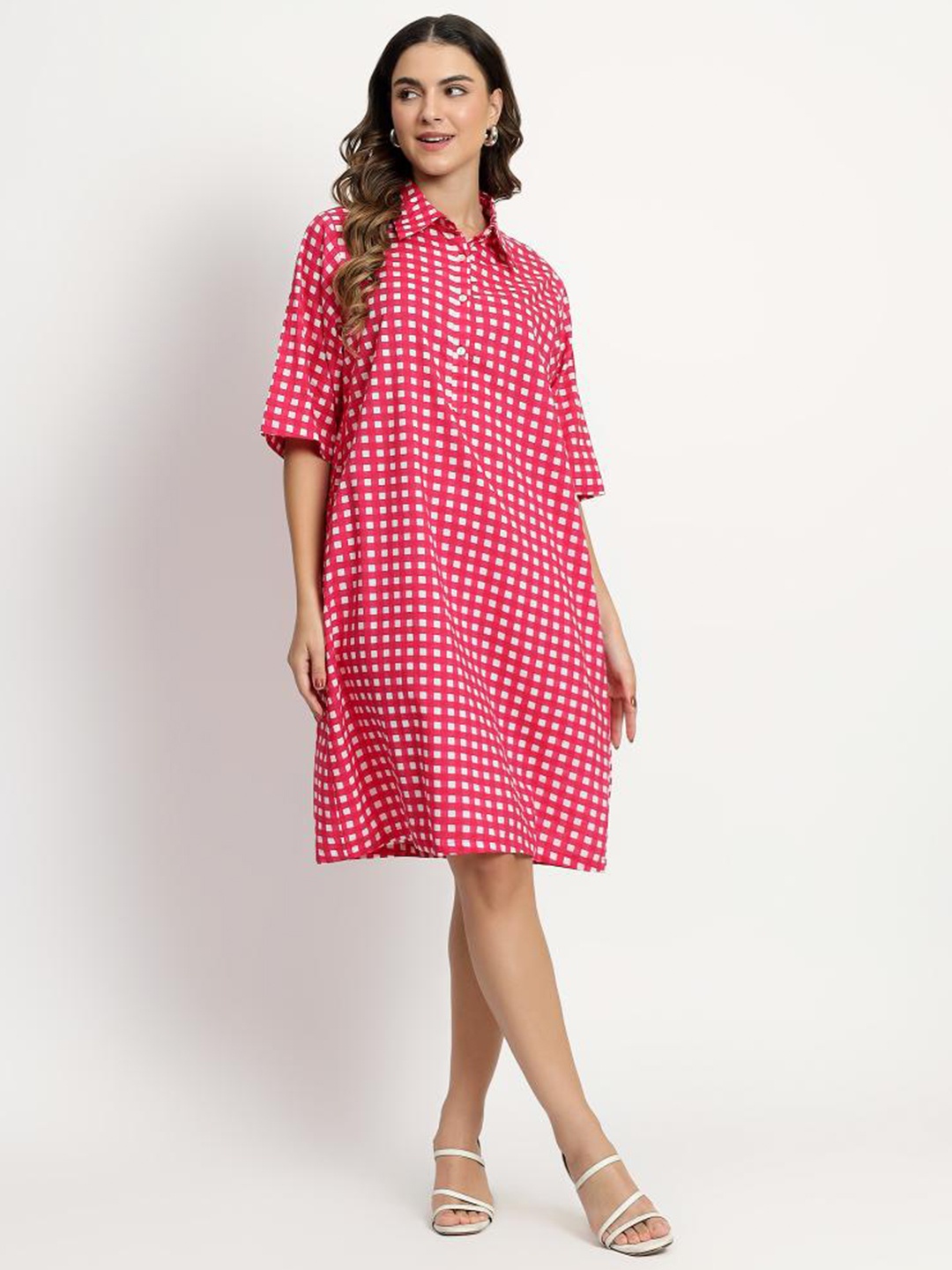 

Safeera Women Checked A-Line Cotton Dress, Pink