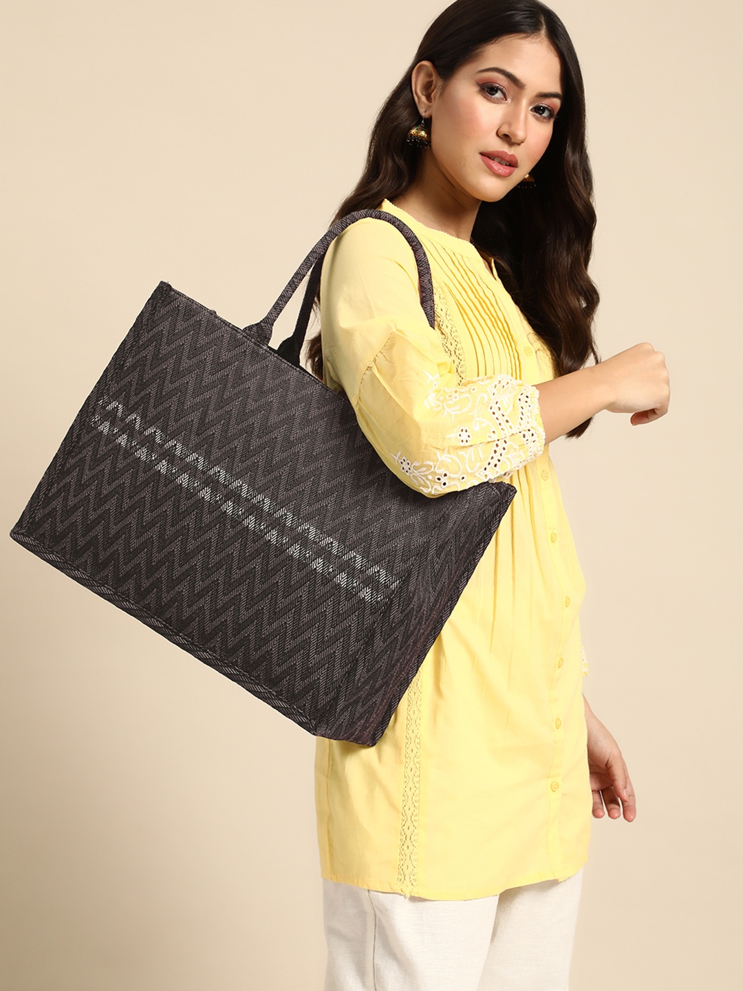 

Anouk Geometric Textured Shopper Tote Bag, Black