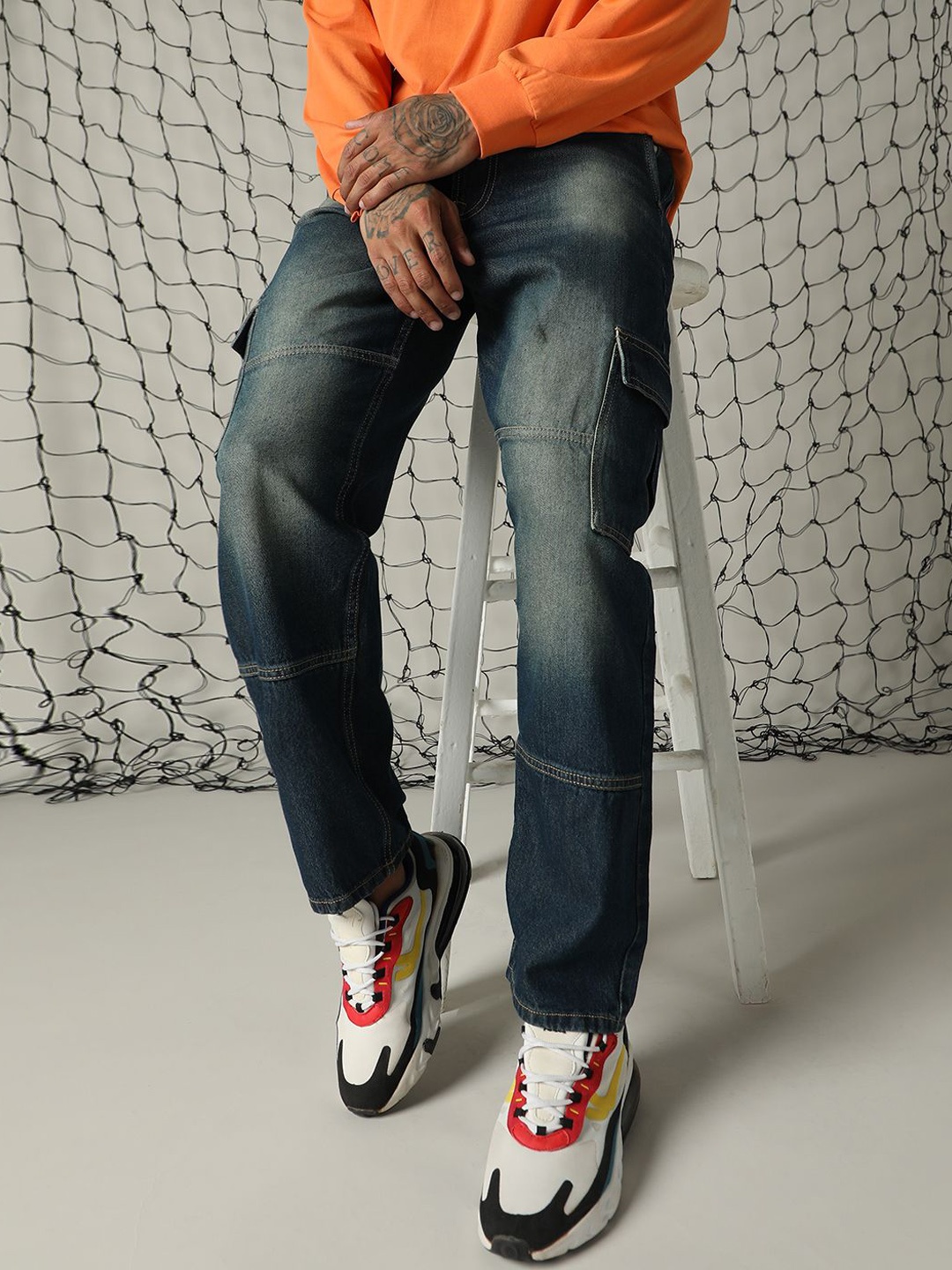 

Hubberholme Men Relaxed Fit cotton Light Fade Cargo Jeans, Blue