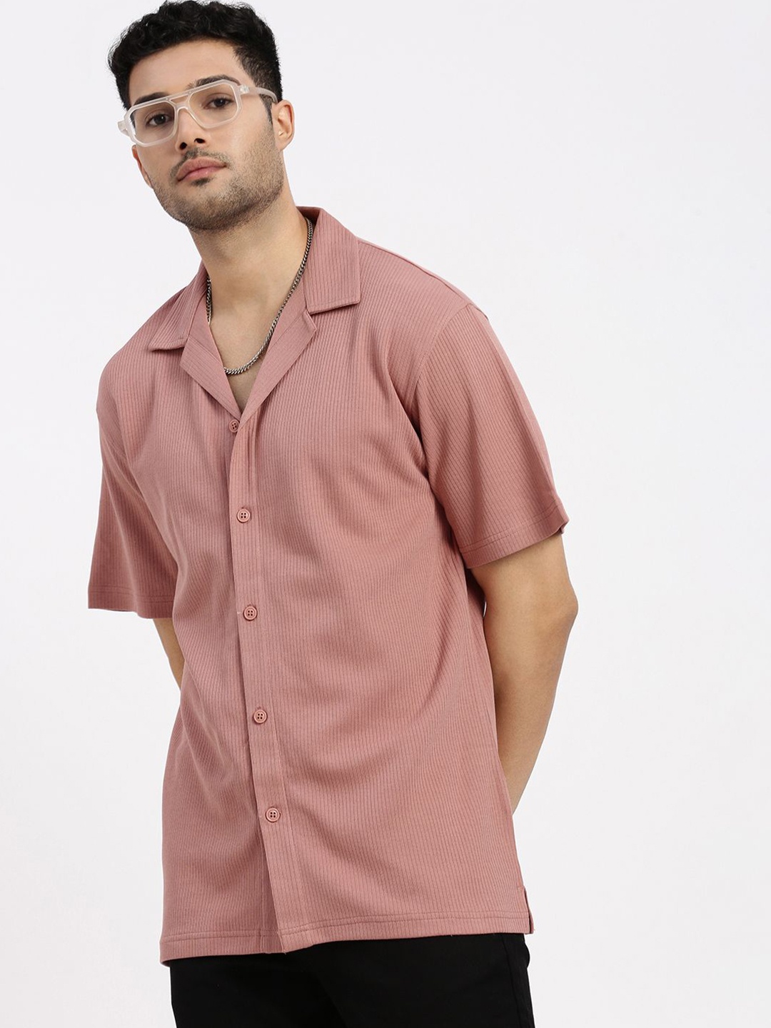 

SHOWOFF Men Comfort Cuban Collar Solid Cotton Relaxed Fit Casual Shirt, Peach