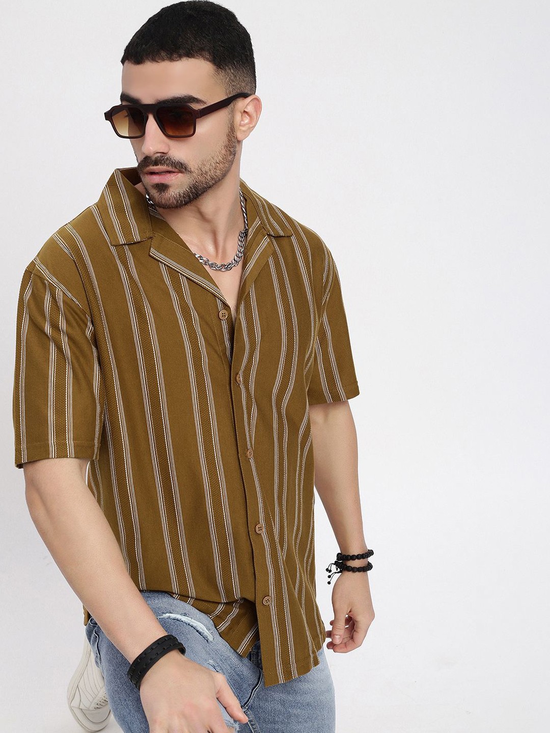 

SHOWOFF Men Standard Cuban Collar Vertical Striped Cotton Relaxed Fit Casual Shirt, Olive