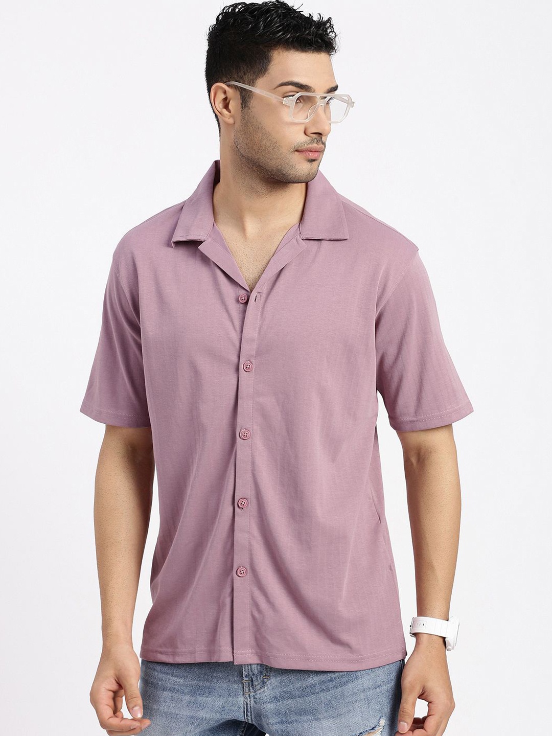 

SHOWOFF Men Comfort Cuban Collar Solid Cotton Relaxed Fit Casual Shirt, Mauve