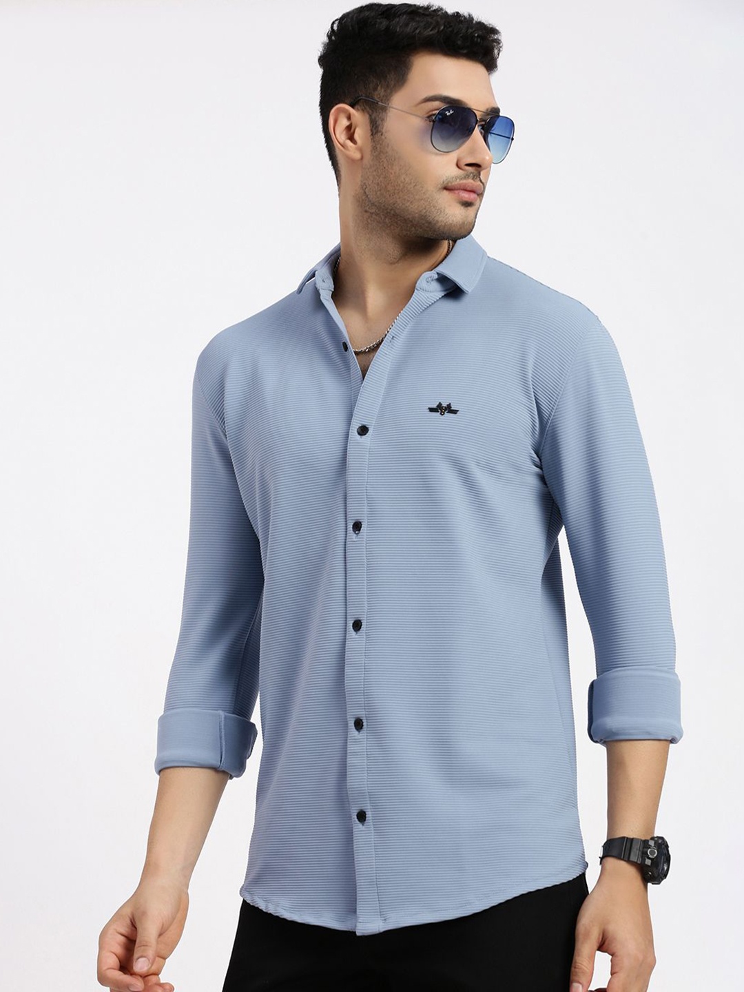 

SHOWOFF Men Comfort Spread Collar Solid Elastane Slim Fit Casual Shirt, Blue