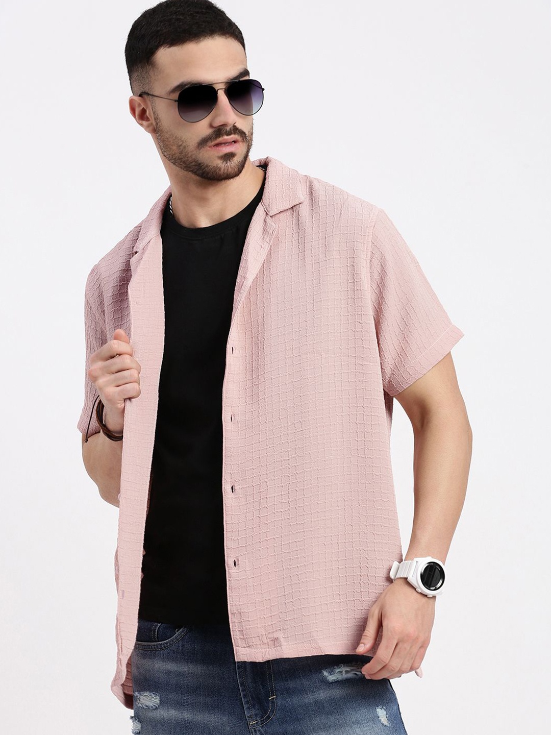 

SHOWOFF Men Comfort Cuban Collar Solid Crepe Relaxed Fit Casual Shirt, Peach