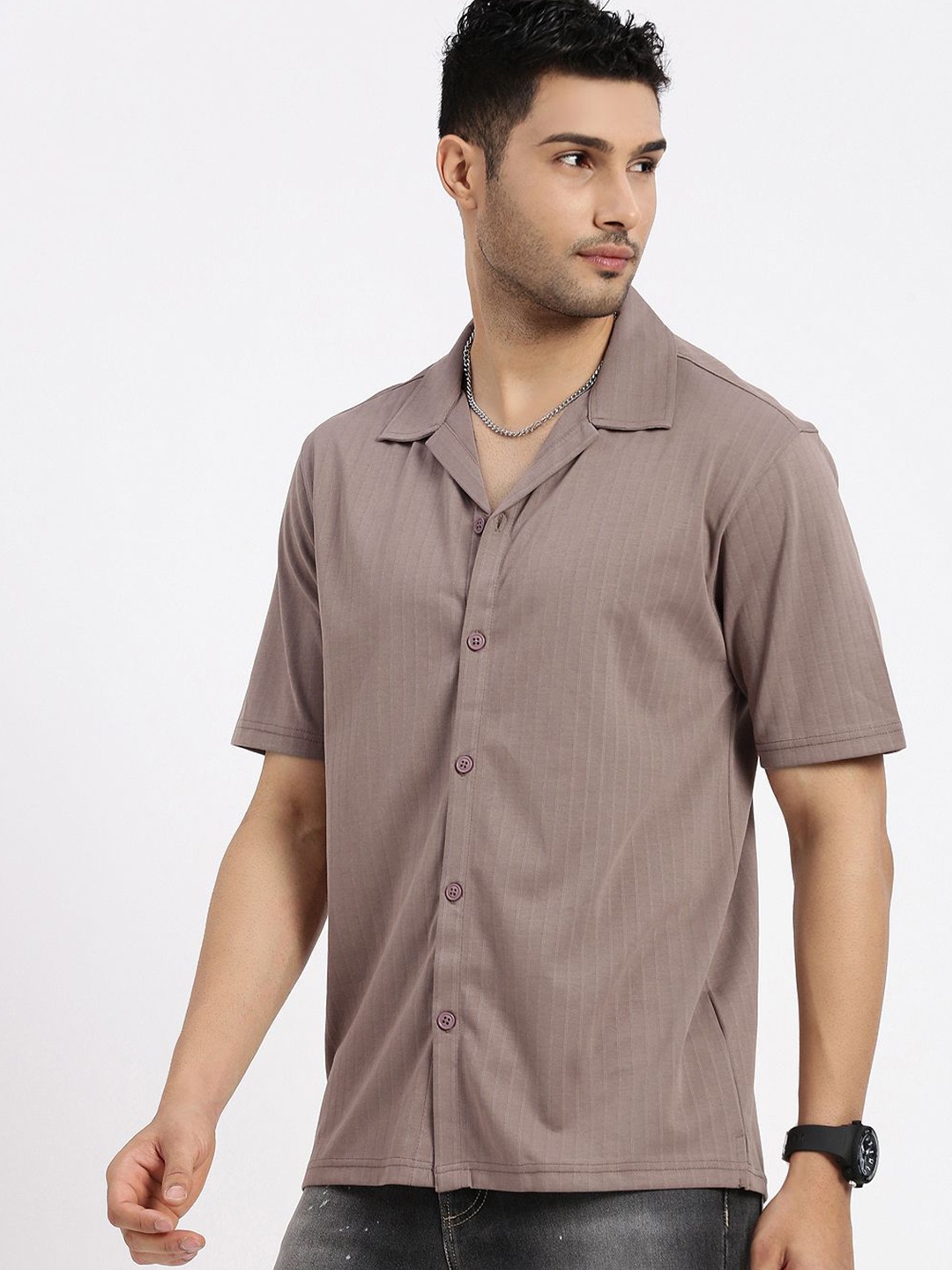 

SHOWOFF Men Comfort Cuban Collar Solid Cotton Relaxed Fit Casual Shirt, Brown