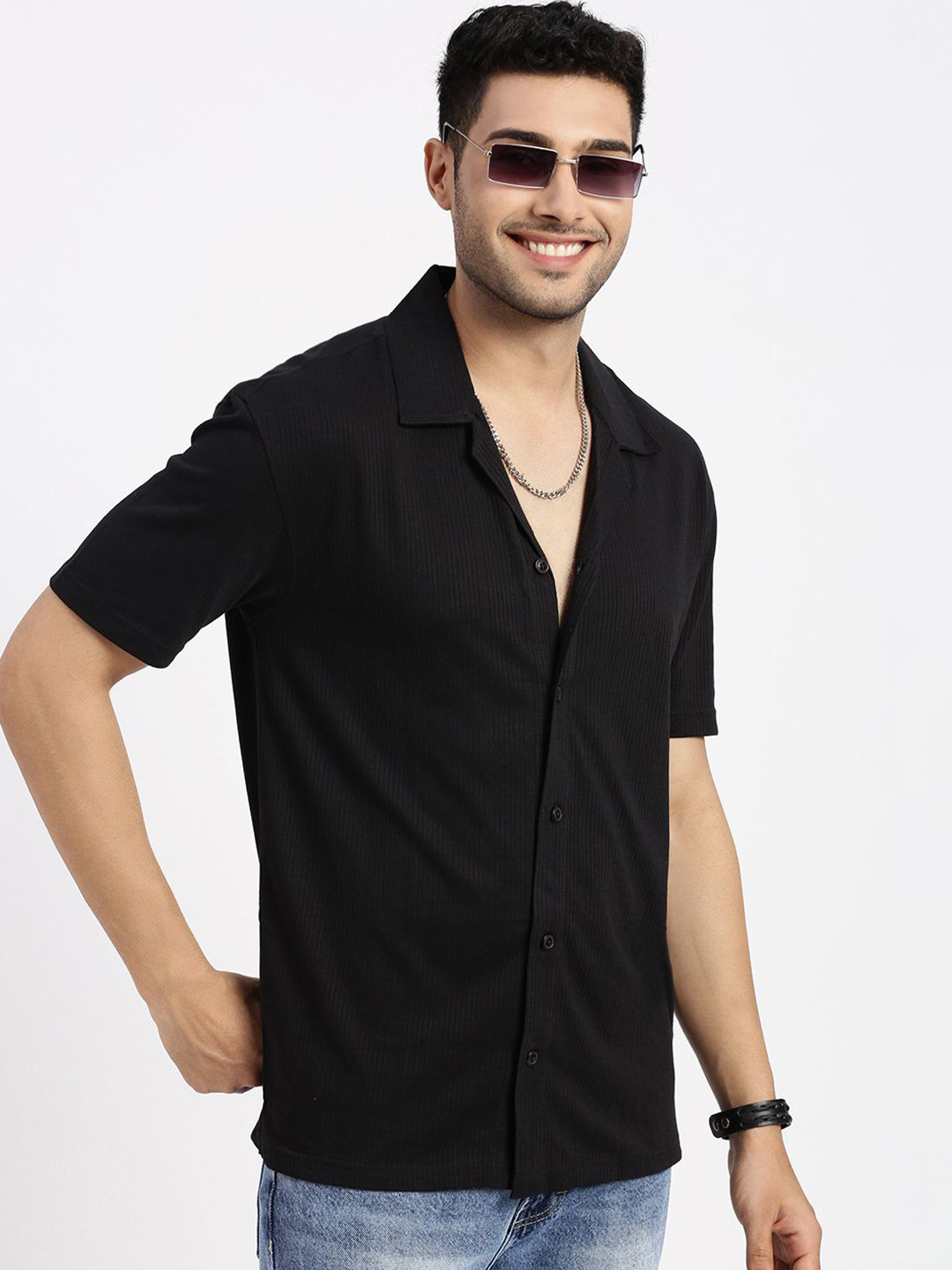 

SHOWOFF Men Comfort Cuban Collar Solid Cotton Relaxed Fit Casual Shirt, Black