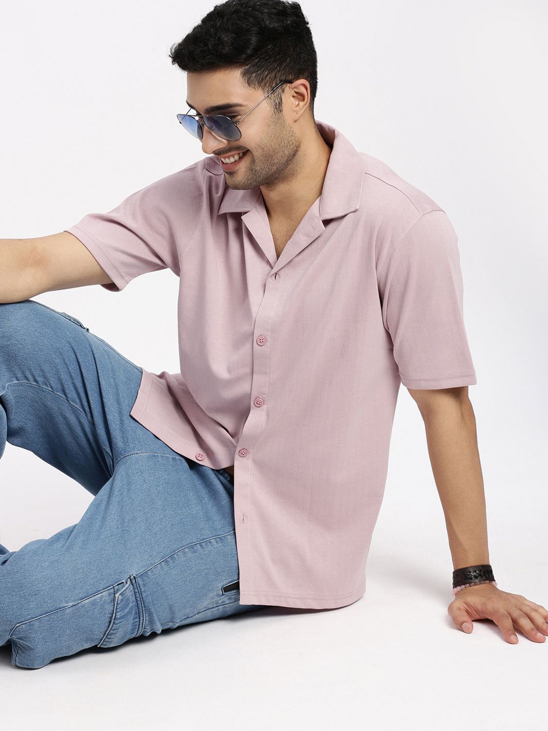 

SHOWOFF Men Comfort Cuban Collar Solid Cotton Relaxed Fit Casual Shirt, Peach