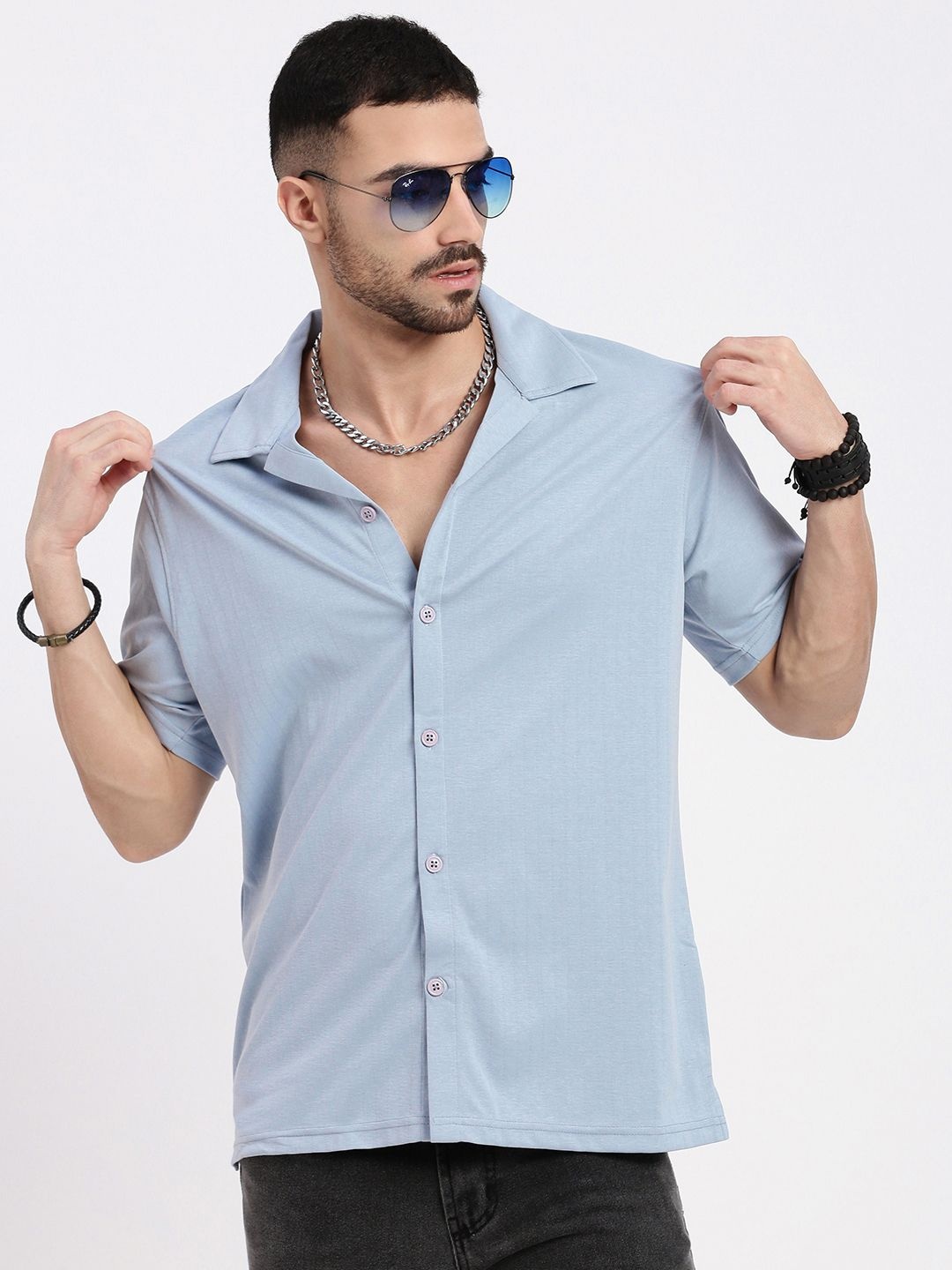 

SHOWOFF Men Comfort Cuban Collar Solid Cotton Relaxed Fit Casual Shirt, Blue