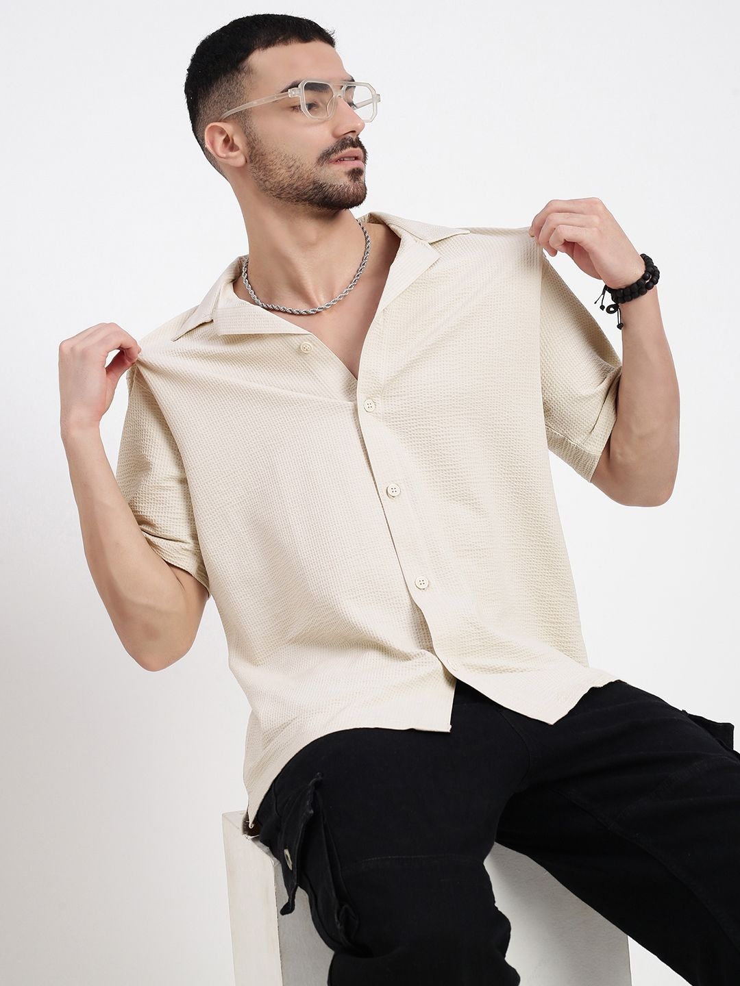 

SHOWOFF Men Standard Cuban Collar Solid Cotton Relaxed Fit Casual Shirt, Cream