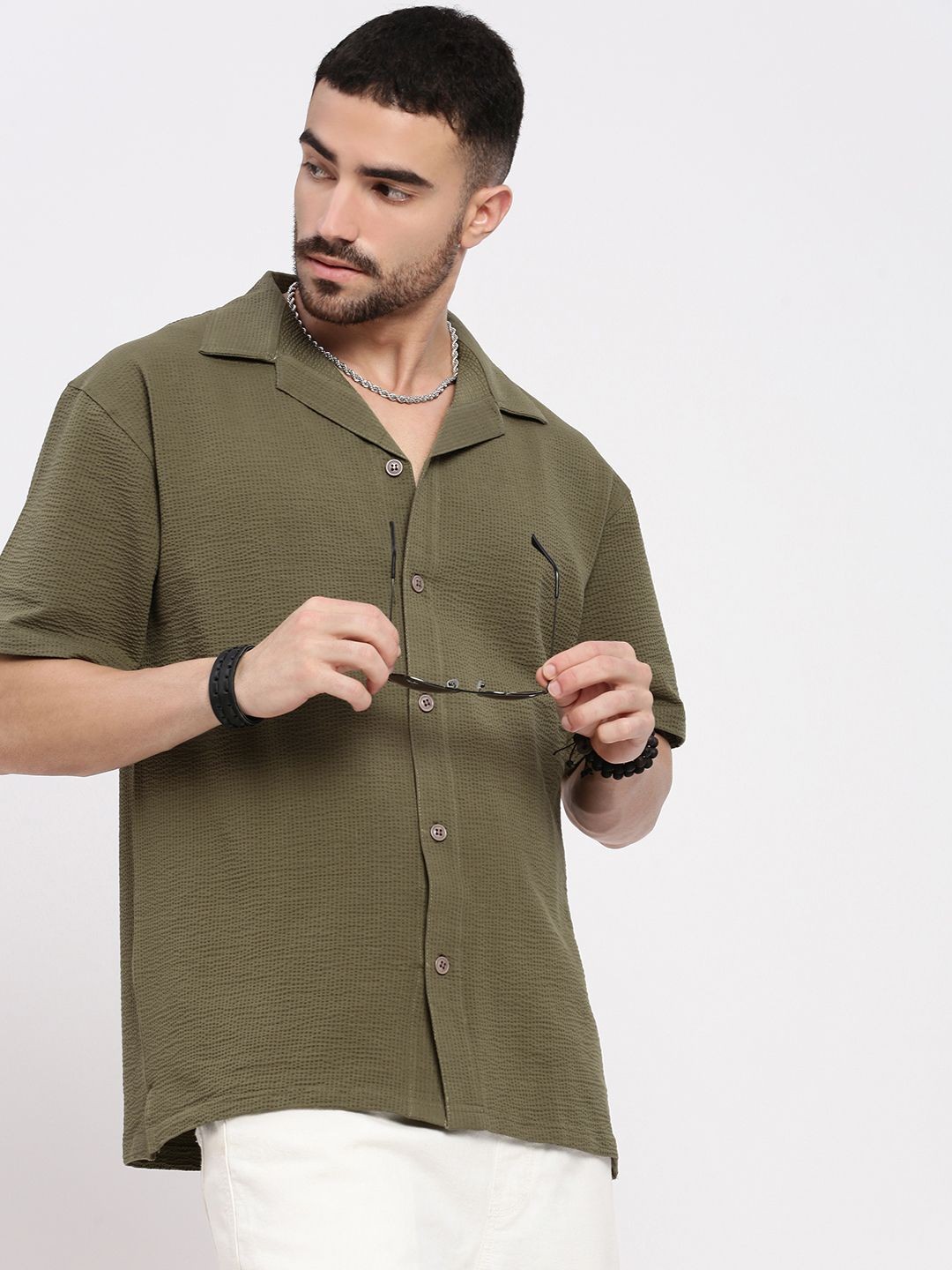 

SHOWOFF Men Standard Cuban Collar Solid Cotton Relaxed Fit Casual Shirt, Olive