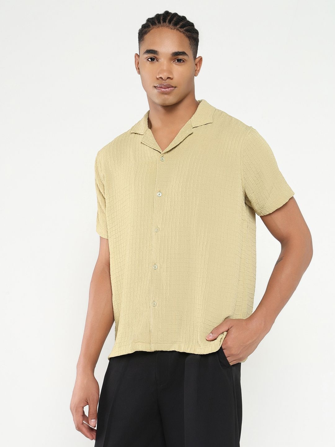

SHOWOFF Men Comfort Cuban Collar Solid Crepe Relaxed Fit Casual Shirt, Yellow