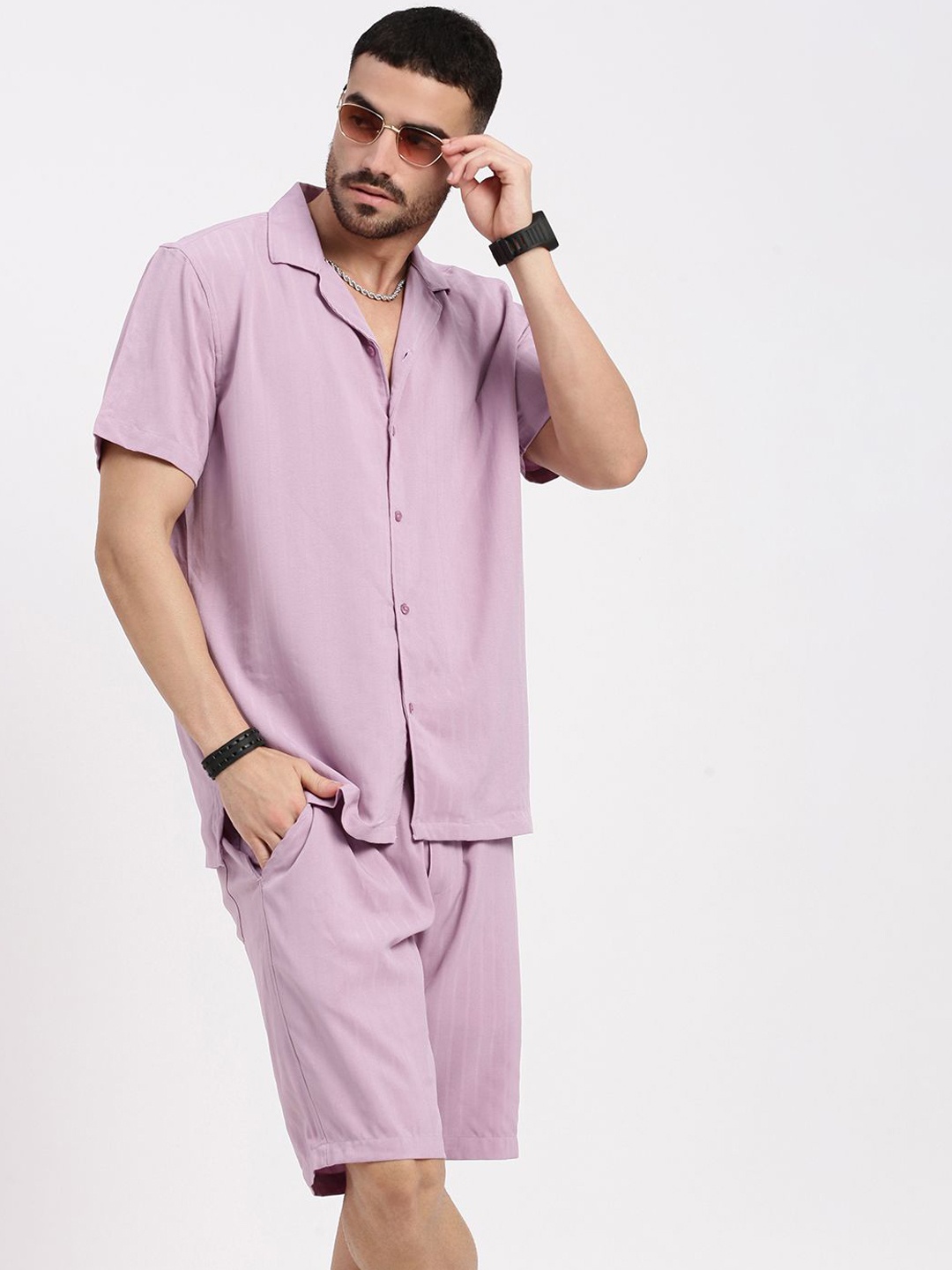 SHOWOFF Cuban Collar Short Sleeves Shirt With Short, Lavender