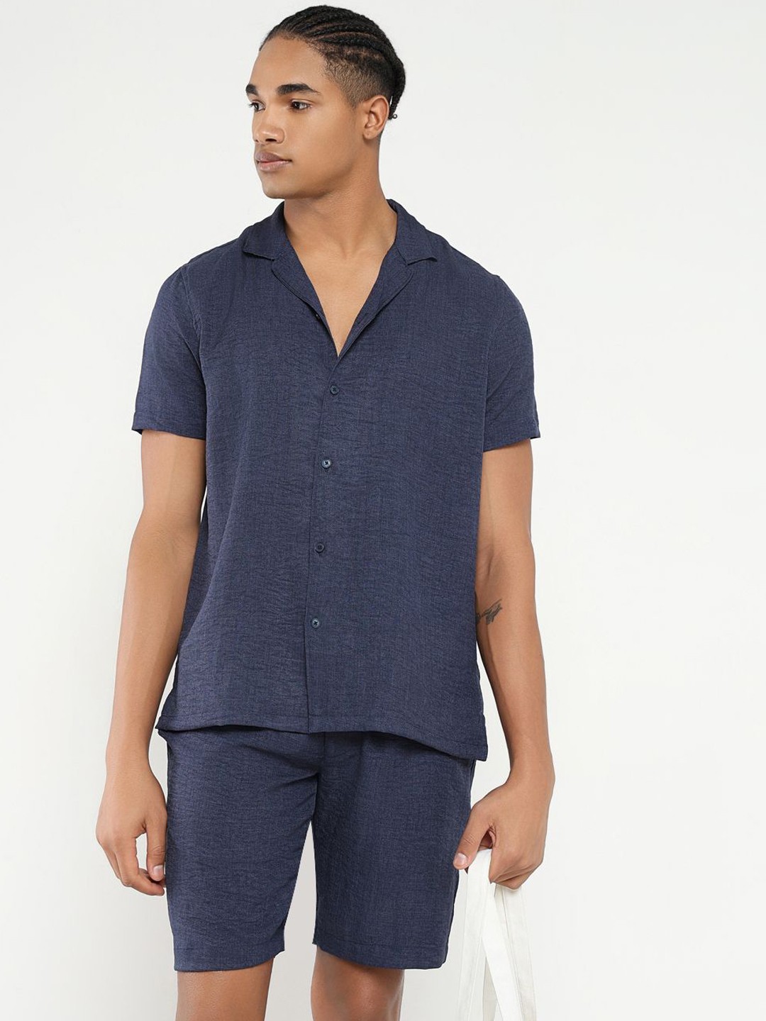 

SHOWOFF Cuban Collar Short Sleeves Shirt With Short, Navy blue
