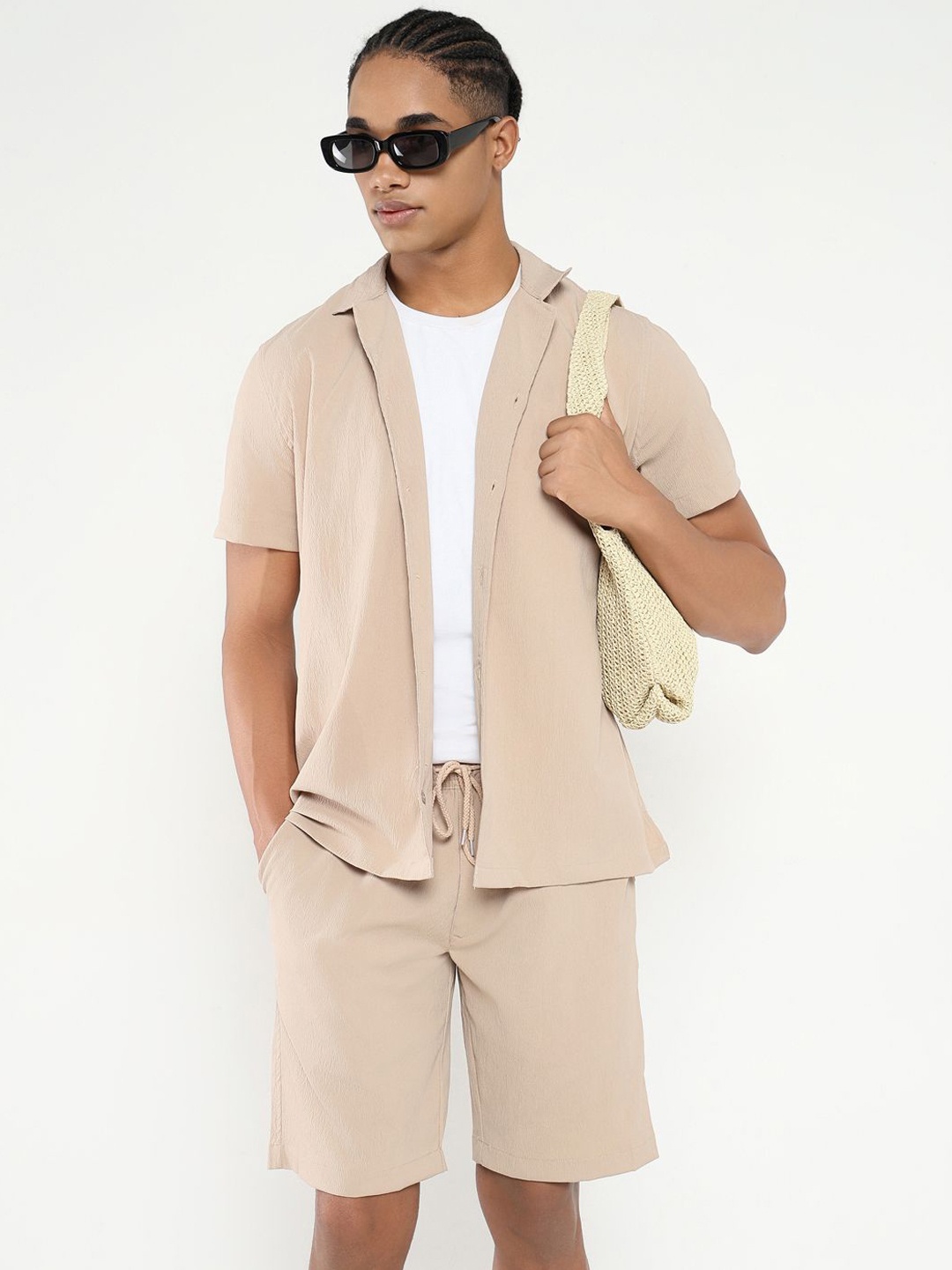 

SHOWOFF Cuban Collar Short Sleeves Shirt With Shorts, Beige