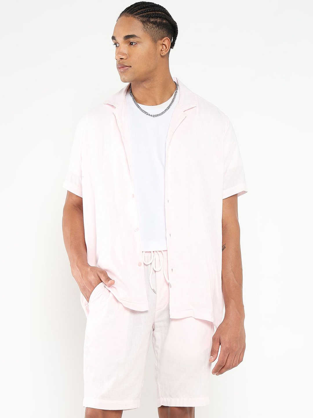 SHOWOFF Cuban Collar Short Sleeves Shirt With Short, Pink