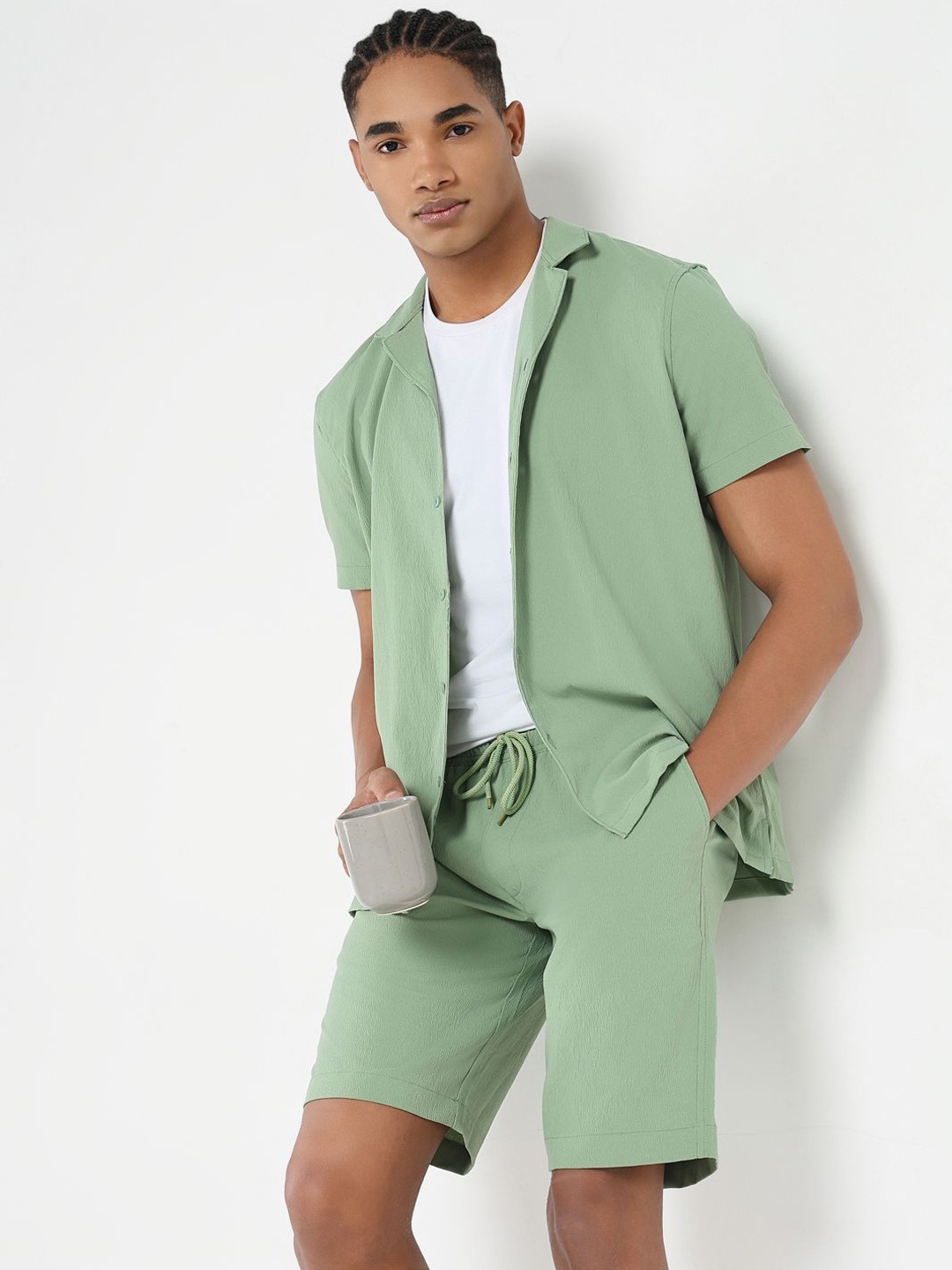 SHOWOFF Cuban Collar Short Sleeves Shirt With Short, Green