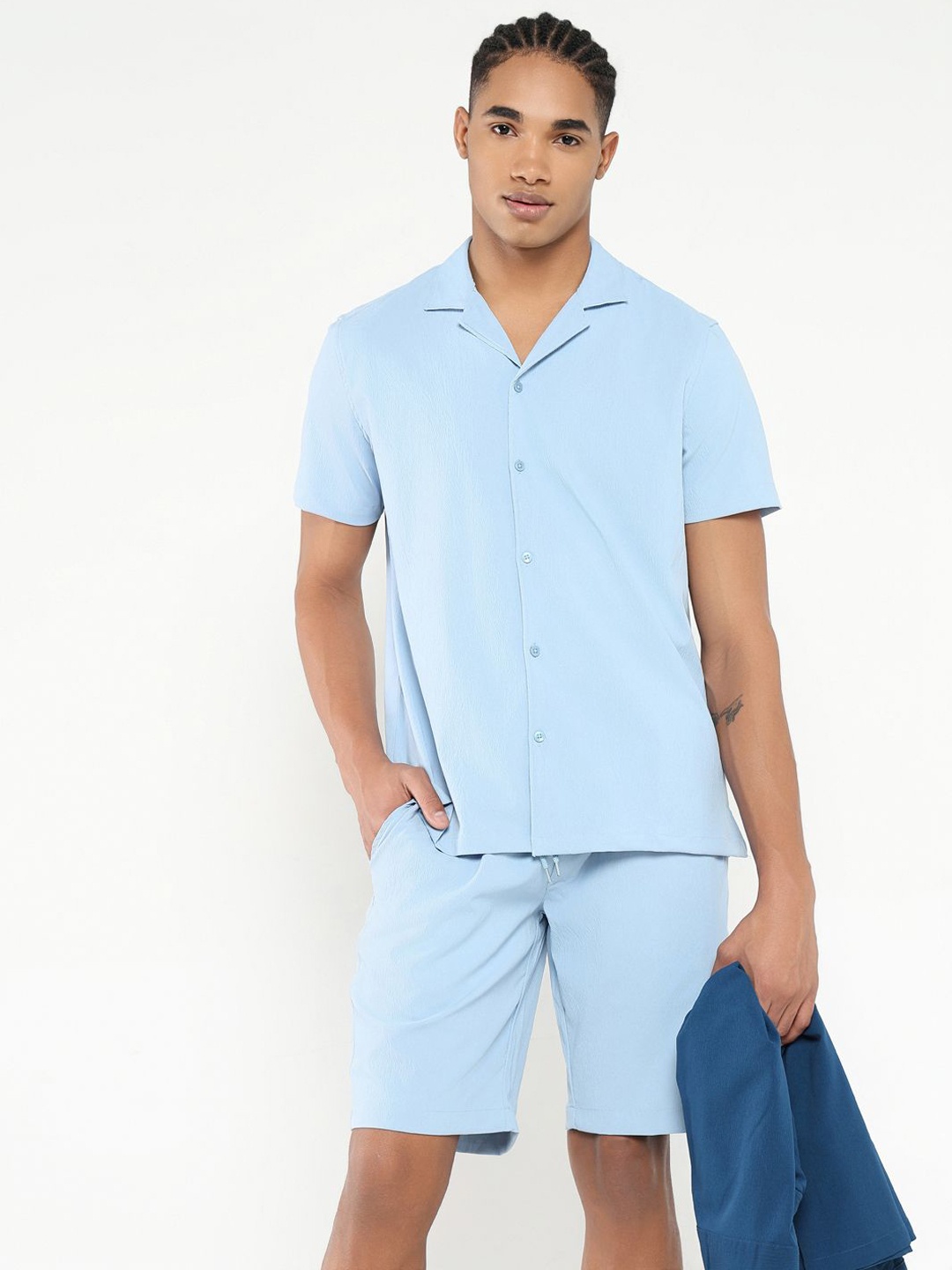 SHOWOFF Cuban Collar Short Sleeves Shirt With Shorts, Blue
