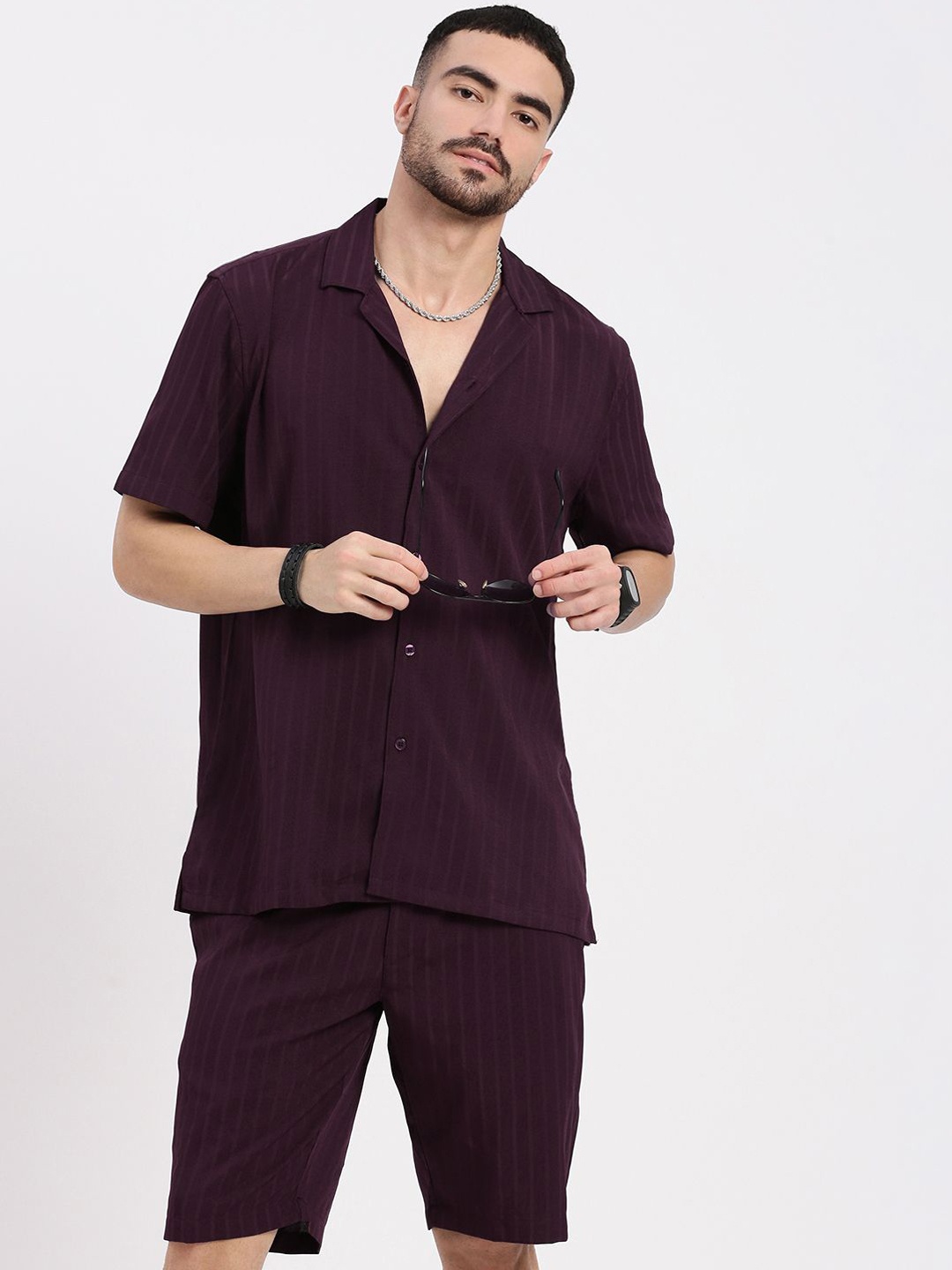 

SHOWOFF Cuban Collar Relaxed-Fit Shirt & Shorts, Purple