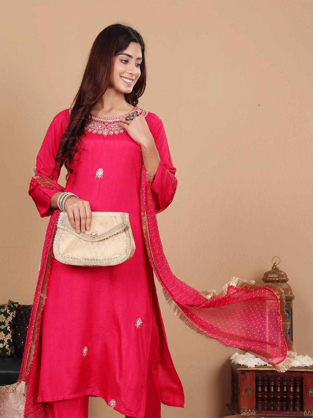 

Varanga Women Pink pure silk zardozi & floral embroidered kurta with trousers & dupatta