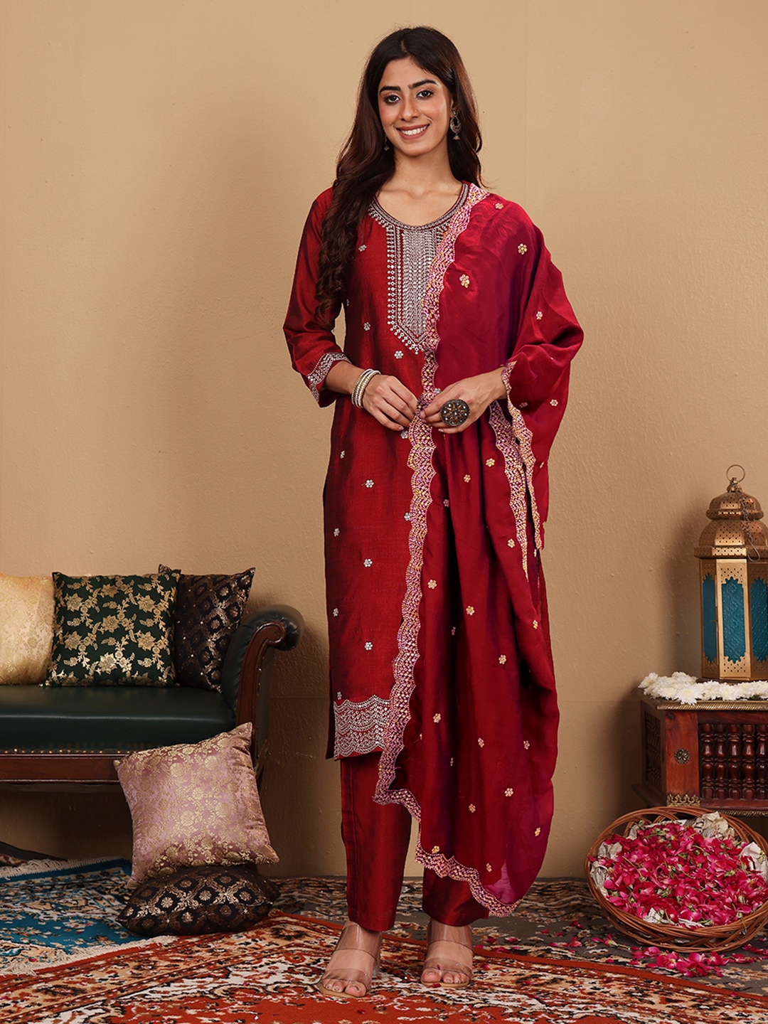 

Varanga Women Maroon Silk Zari Floral Embroidered Kurta with trousers & Dupatta