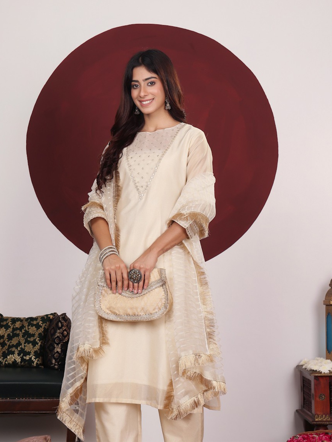 

Varanga Floral Yoke Design Round Neck Regular Kurta With Palazzo With Dupatta, Off white