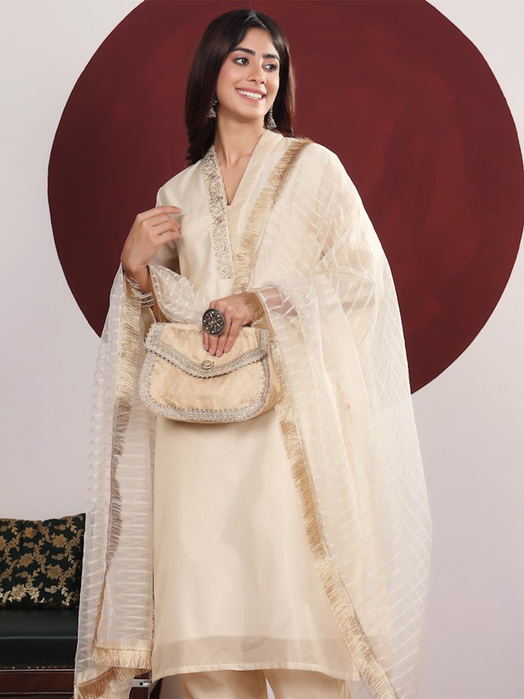 

Varanga Embroidered Straight Kurta with Trousers & With Dupatta, Cream