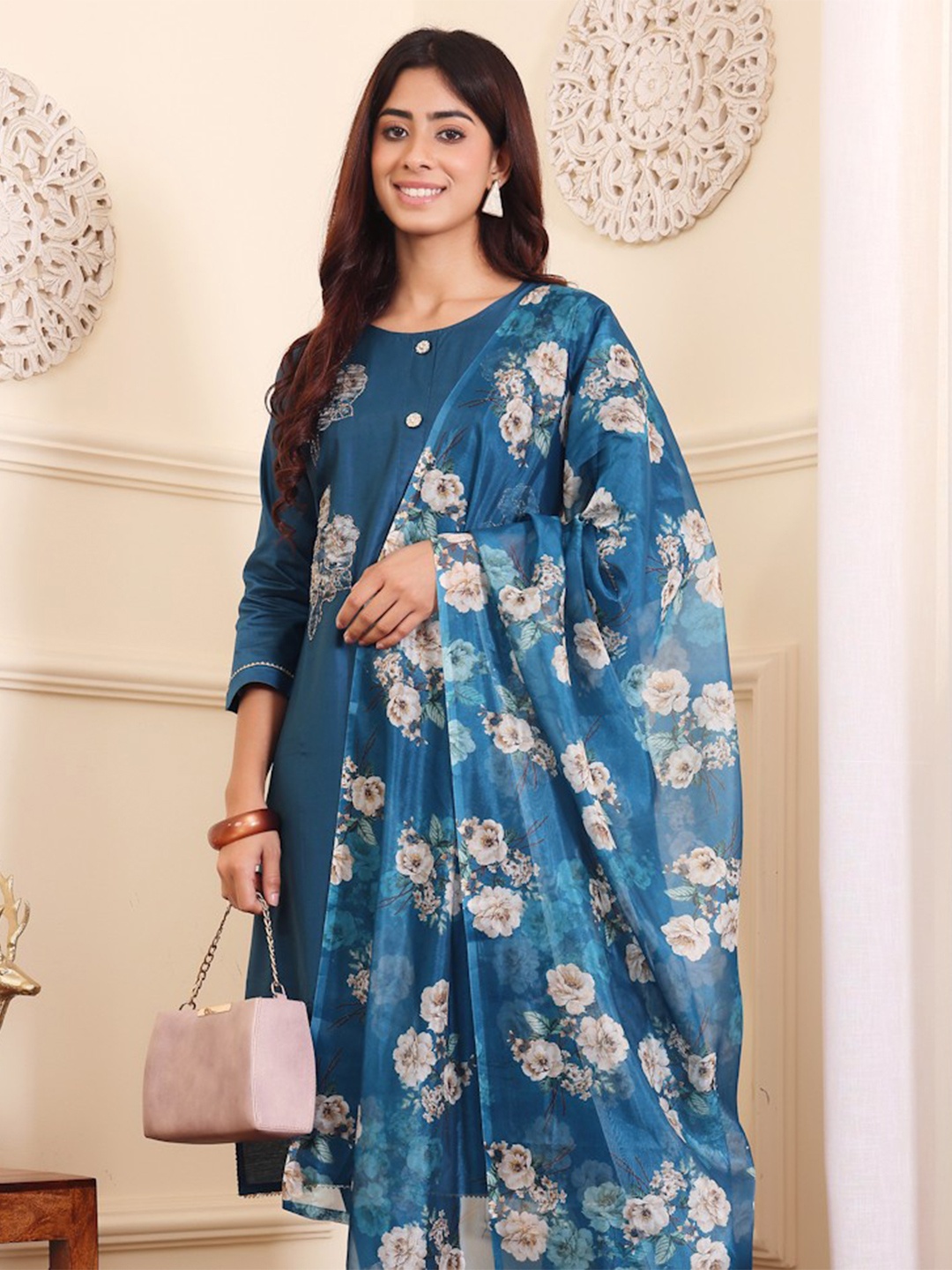 

Varanga Floral Printed Zari Work Straight Kurta with Trouser & Dupatta, Blue