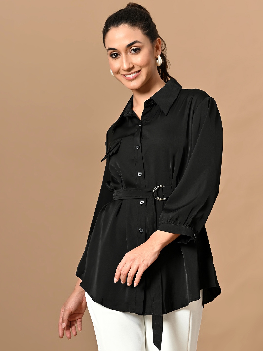 

PANKH Pure Silk Belted Shirt With Side Slit Trouser, Black