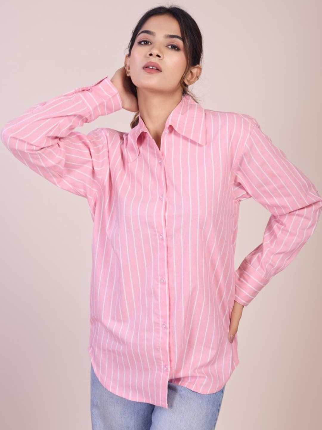 

HOUSE OF MIRA Women Classic Spread Collar Vertical Striped Cotton Casual Shirt, Pink