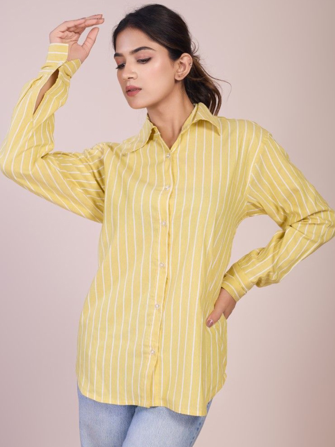 

HOUSE OF MIRA Women Classic Striped Cutaway Collar Casual Shirt, Yellow
