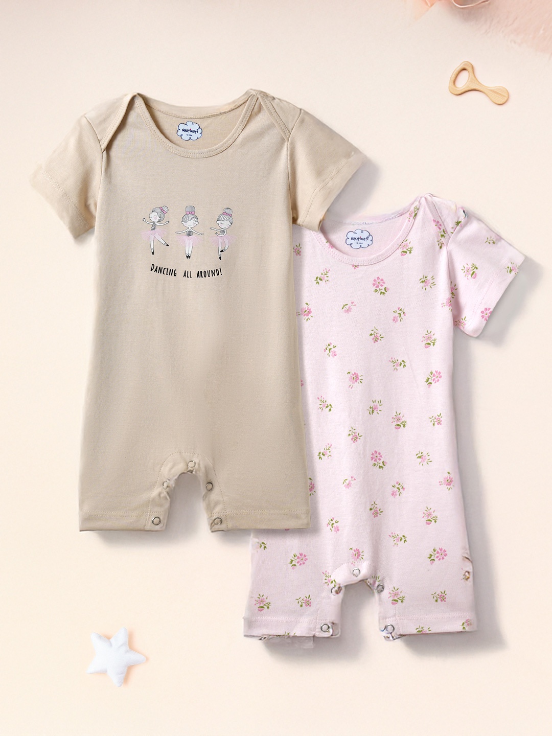 

Nauti Nati Infant Girls Pack Of 2 Cotton Printed Rompers, Beige