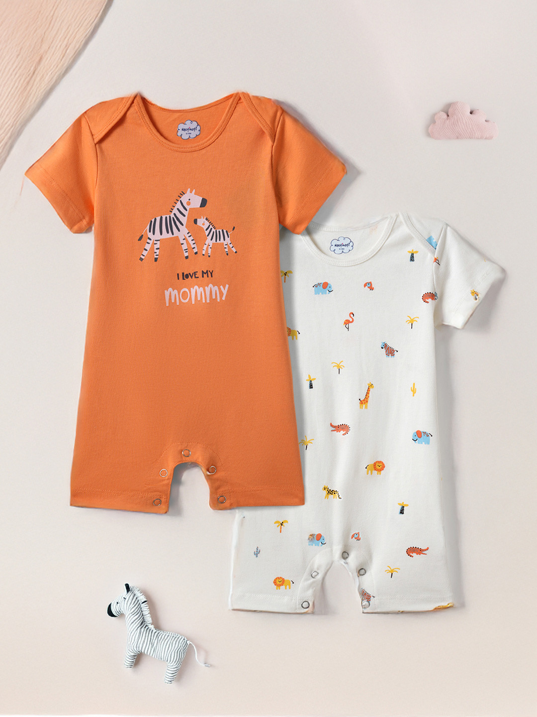 

Nauti Nati Infants Boys Pack Of 2 Printed Cotton Rompers, Orange