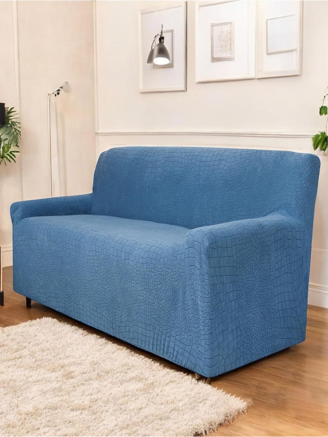 

HOUSE OF QUIRK Universal Blue Self Design Triple Seater Jacquard Sofa Cover