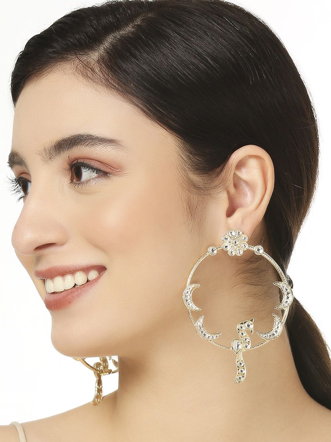 

OOMPH Kundan Studded Jadau Peacock Shaped Drop Earrings, Gold
