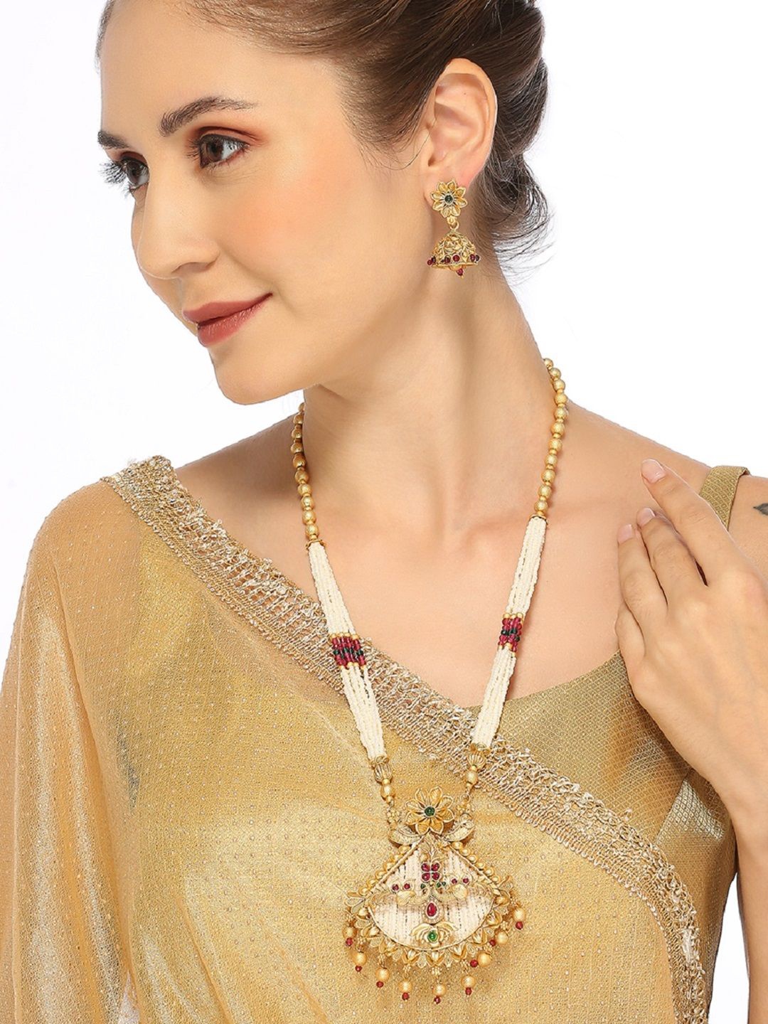

OOMPH Stone Studded & Beaded Floral Jewellery Set, Gold