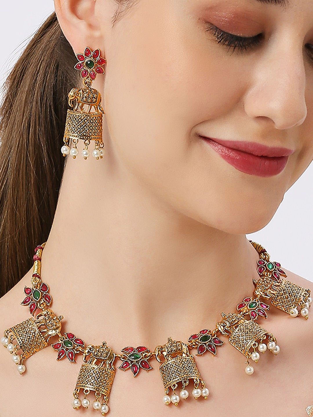 

OOMPH Stone Studded & Beaded Elephant Design Temple Jewellery Set, Gold