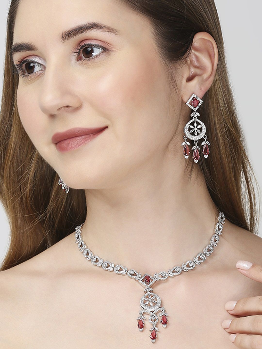 

OOMPH American Diamond Studded Jewellery Set, Silver