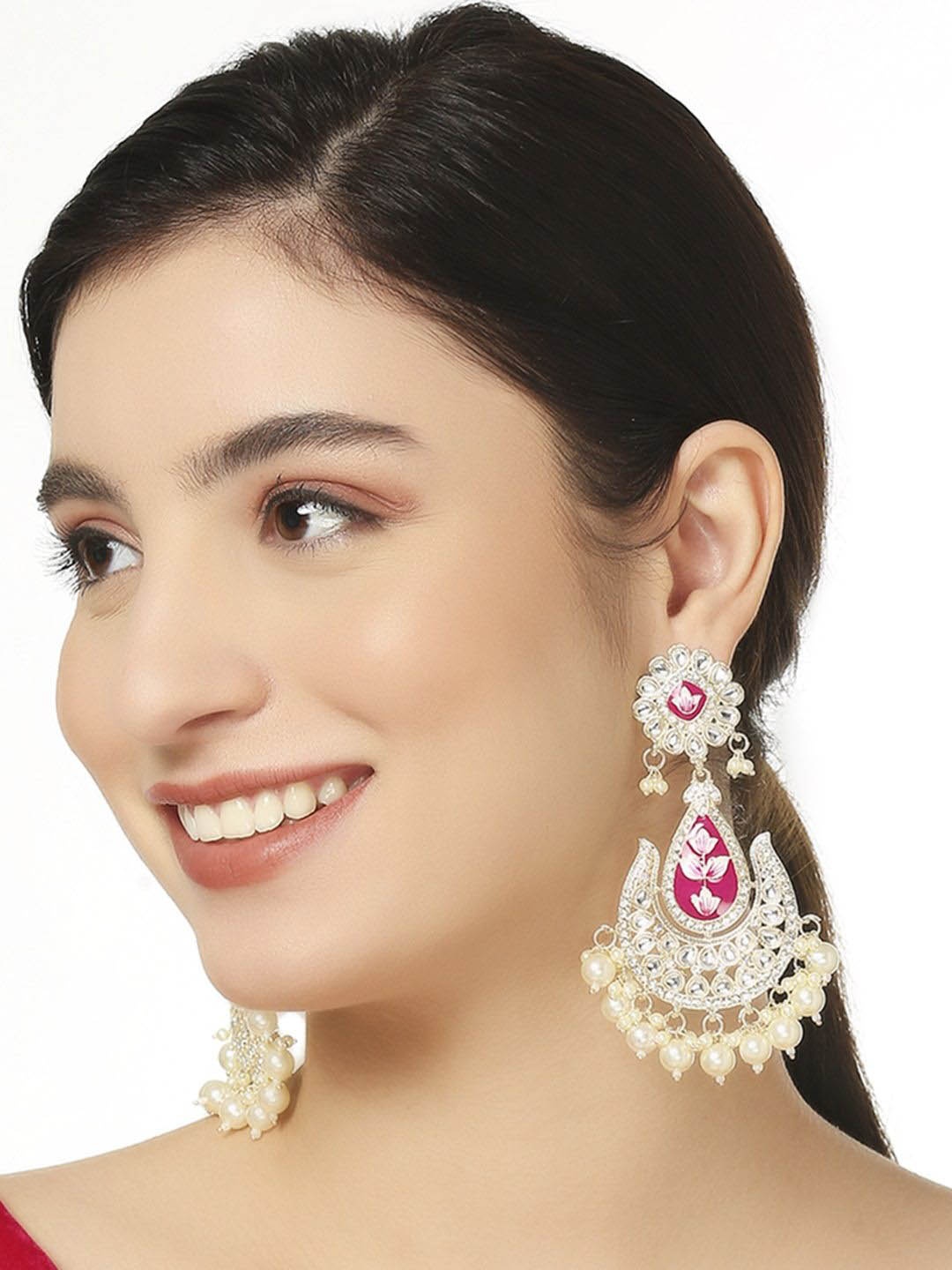 

OOMPH Kundan Studded Floral Meenakari Drop Earrings, Pink