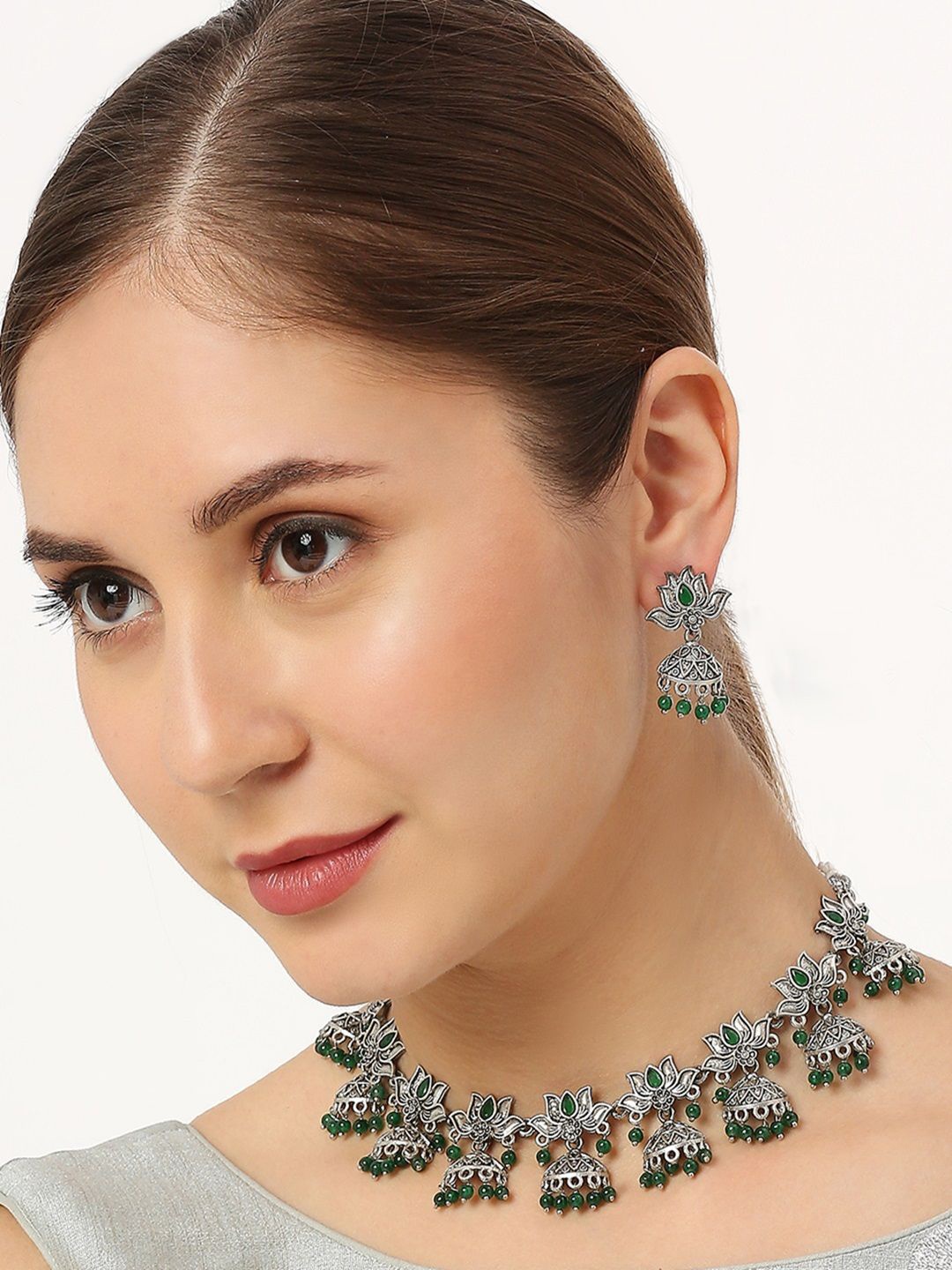 

OOMPH Oxidised Artificial Stones Studded & Beaded Louts Choker Necklace Set, Silver