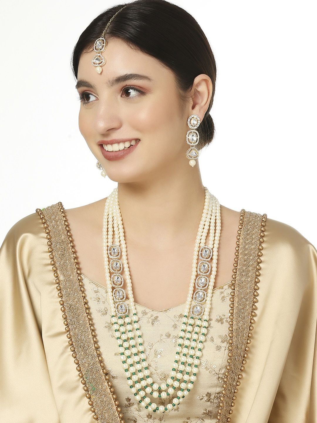 

OOMPH kundan Studded & Pearls Beaded Layered Jewellery Set, Gold