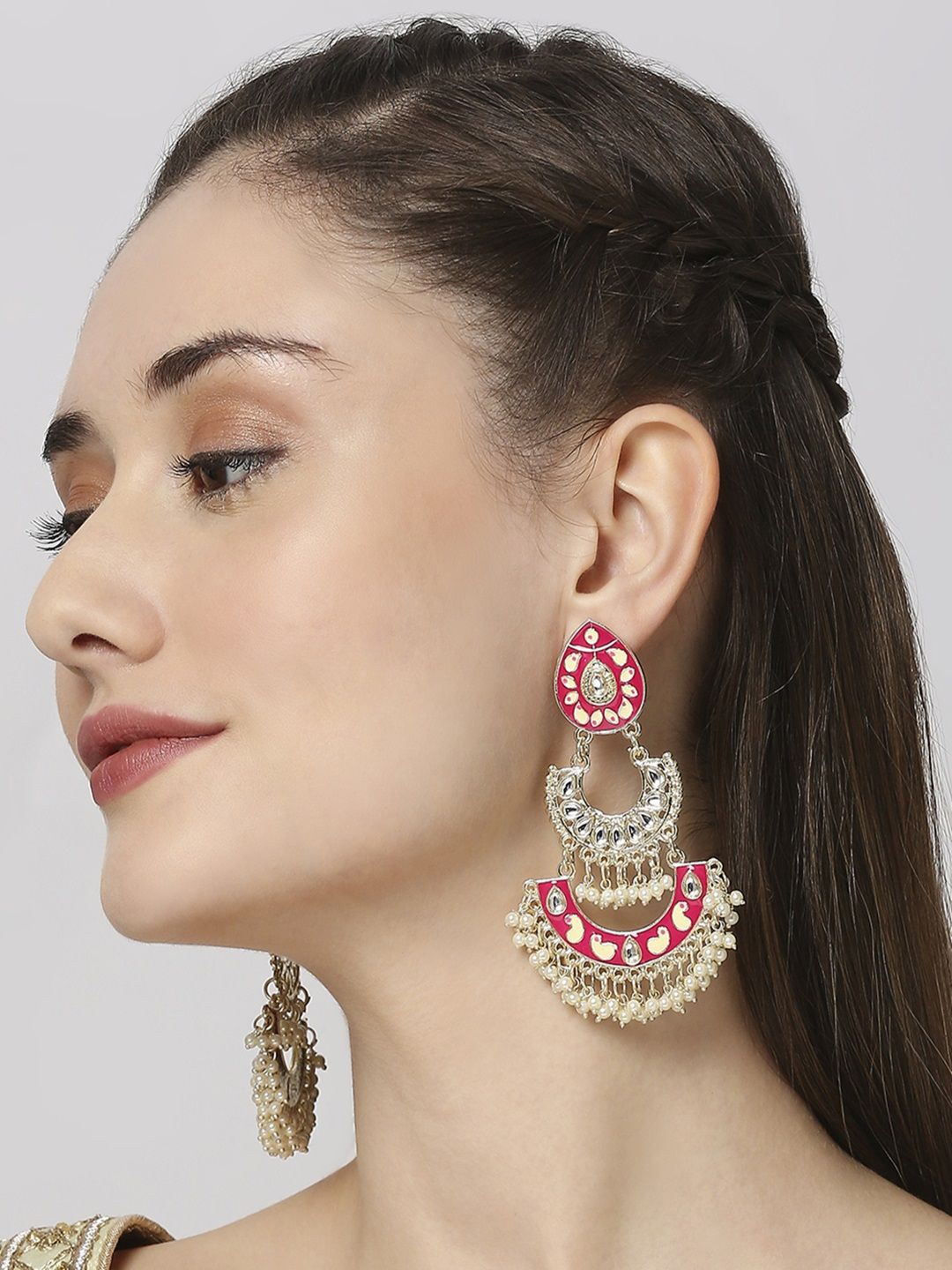 

OOMPH Floral Kundan Chandbalis Earrings, Pink