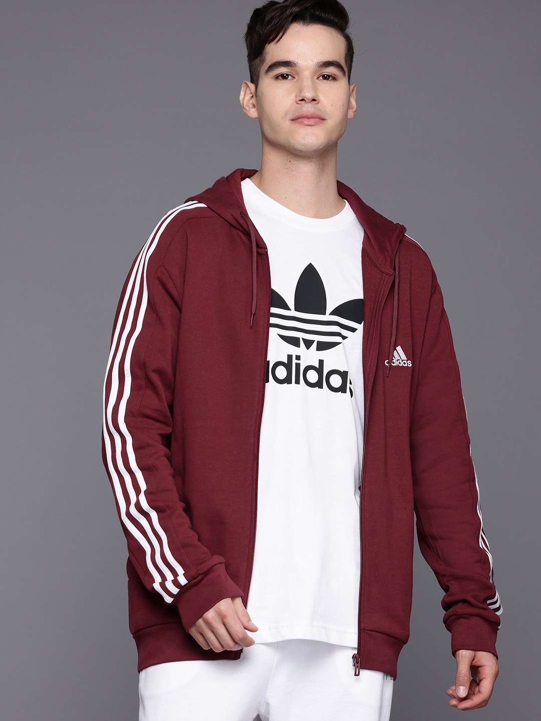 

ADIDAS 3-Stripes French Terry Full Zip Hooded Sweatshirt, Maroon