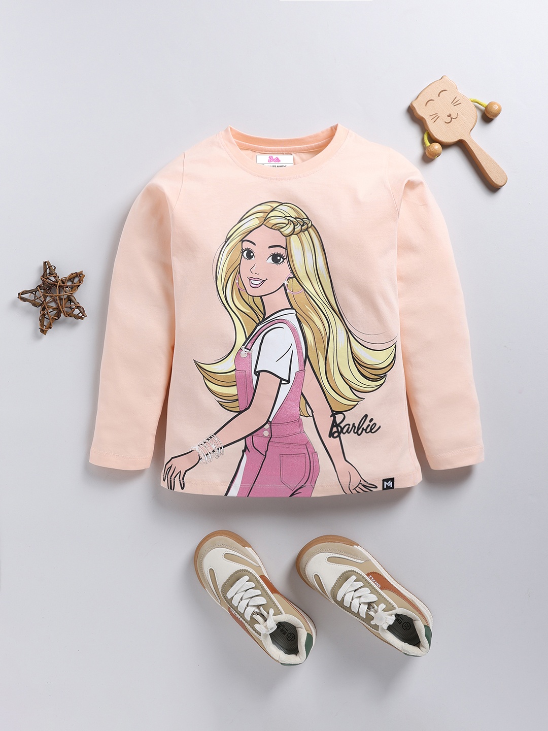 

YK X Minute Mirth Girls Barbie Printed Pure Cotton T-shirt, Peach