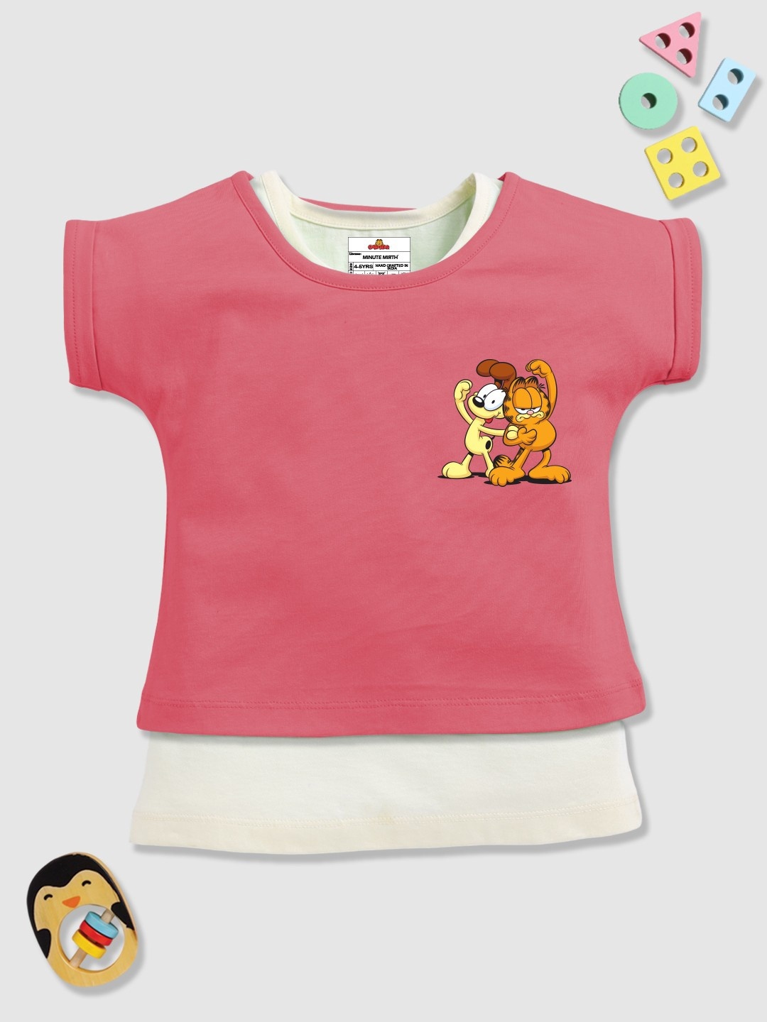 

YK X Minute Mirth Garfield & Odie Printed Extended Sleeves Cotton Top with Inner Vest, Coral