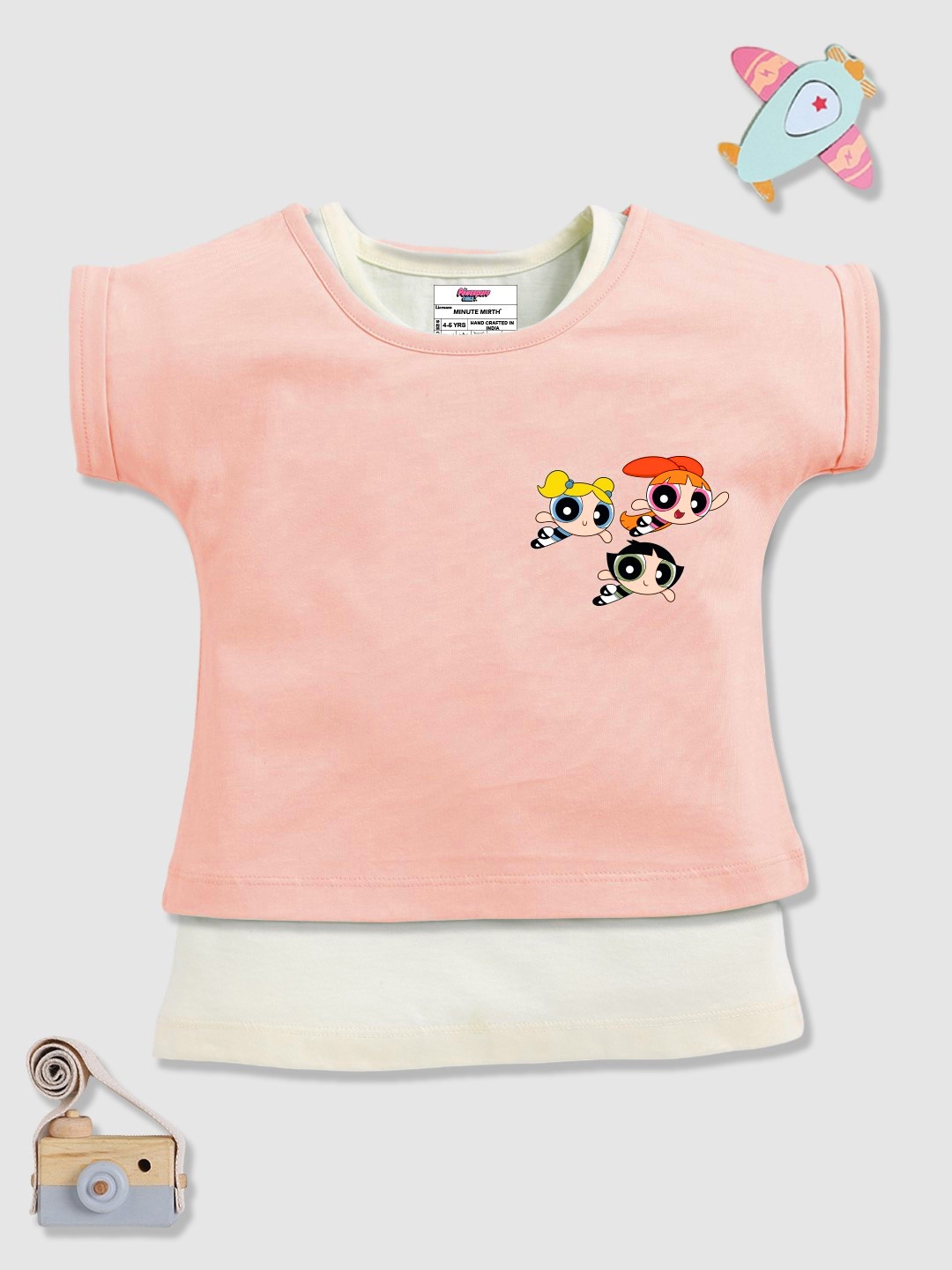 

YK X Minute Mirth Powerpuff Girls Printed Extended Sleeves Cotton Top with Inner Vest, Peach
