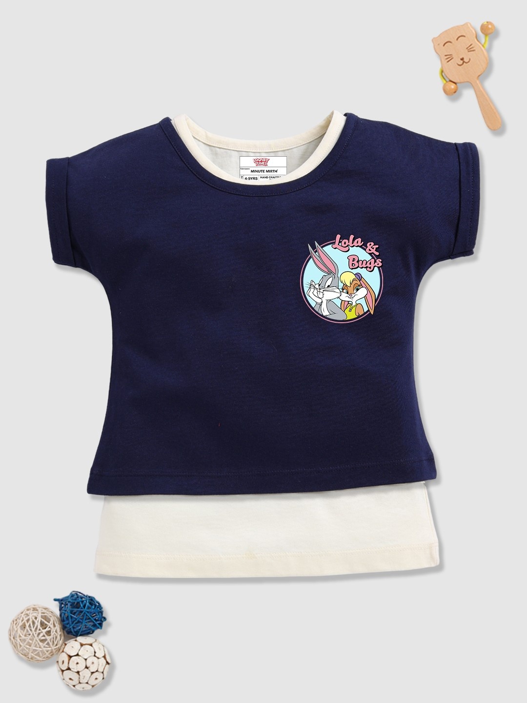 

YK X Minute Mirth Looney Tunes Printed Extended Sleeves Cotton Top with Inner Vest, Navy blue