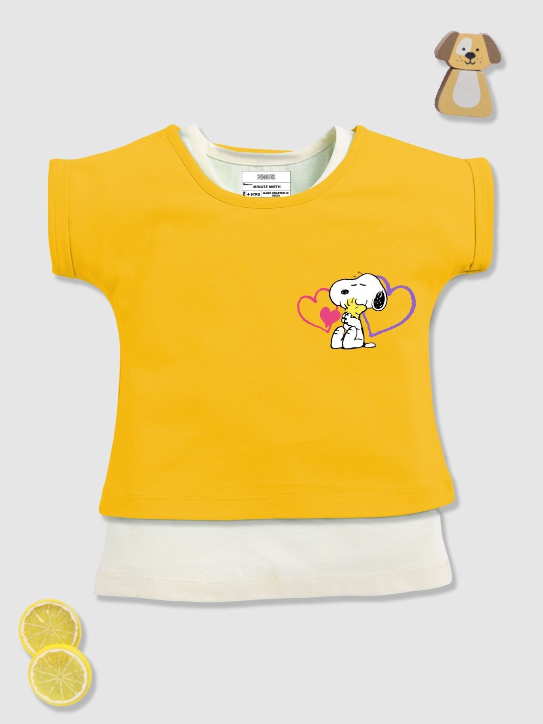 

YK X Minute Mirth Snoopy Printed Extended Sleeves Cotton Top with Inner Vest, Yellow