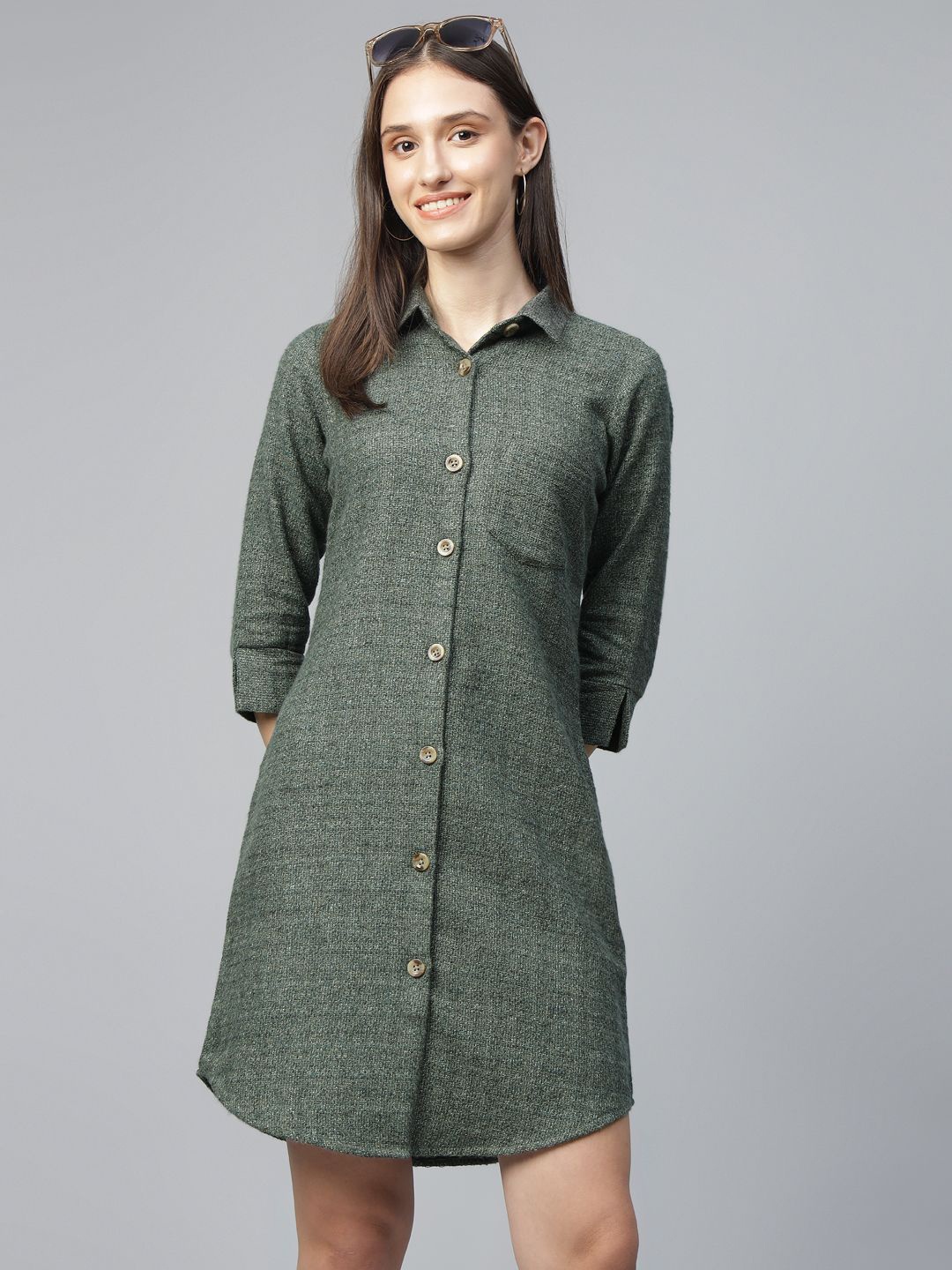 

Hancock Women Textured Pure Cotton Formal Shirt Dress, Olive